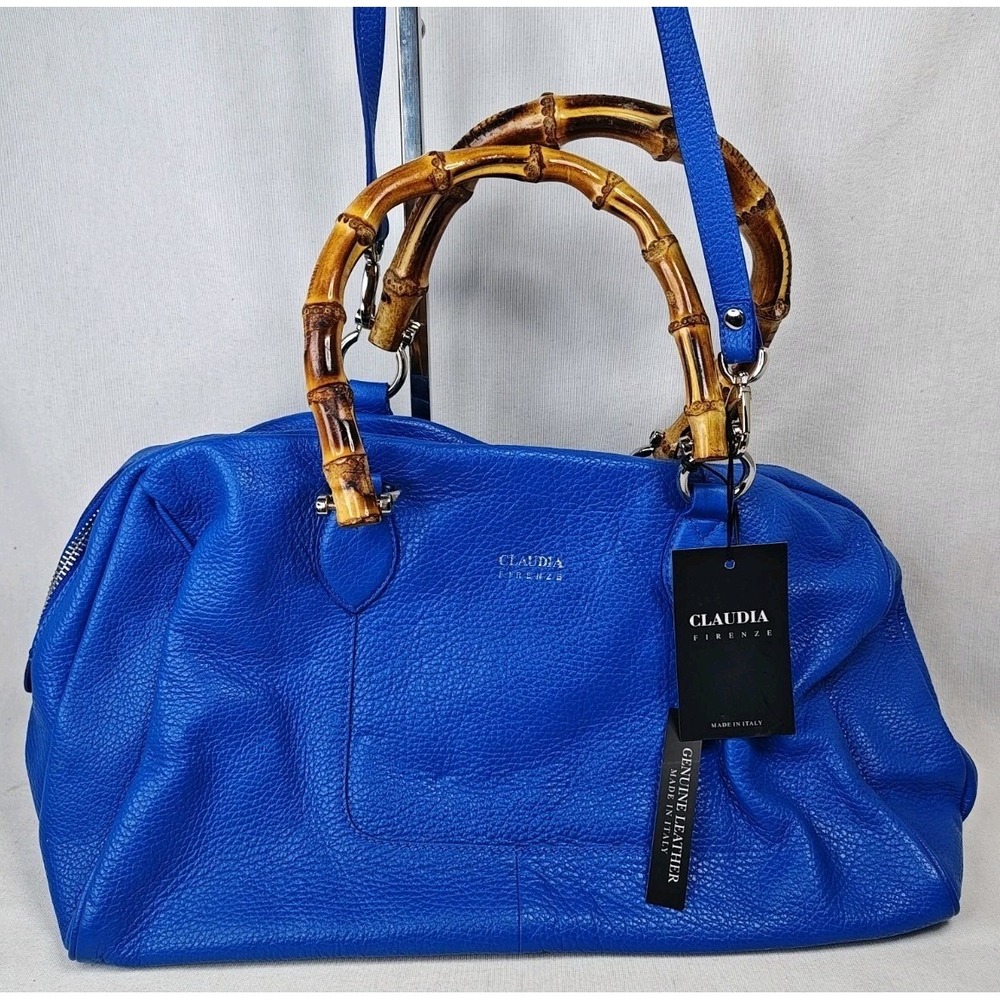 Claudia Firenze Royal Cobalt Blue Pebbled Leather Satchel Bag Bamboo Handles New